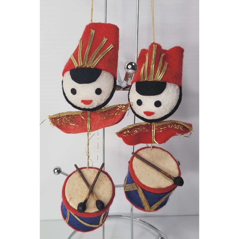 Vintage Toy Soldier Ornaments Red & Gold Felt Trim Drummer Set of 2